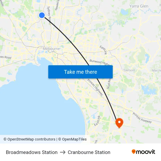 Broadmeadows Station to Cranbourne Station map