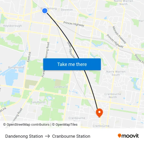 Dandenong Station to Cranbourne Station map