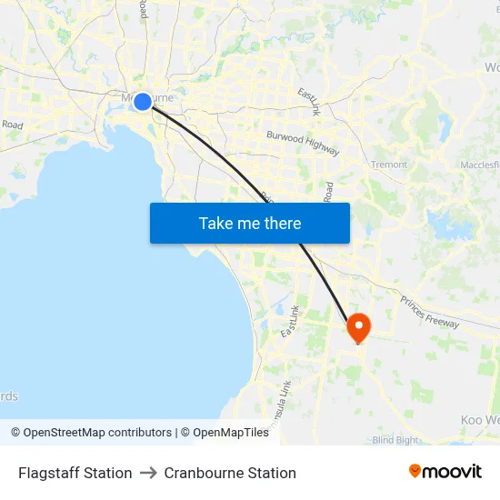 Flagstaff Station to Cranbourne Station map