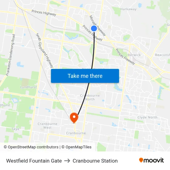 Westfield Fountain Gate to Cranbourne Station map