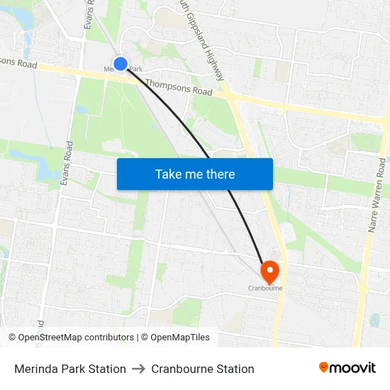 Merinda Park Station to Cranbourne Station map