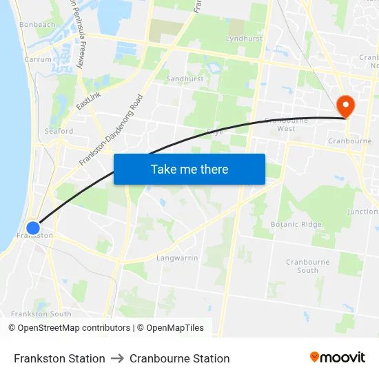 Frankston Station to Cranbourne Station map