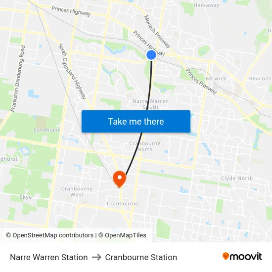 Narre Warren Station to Cranbourne Station map