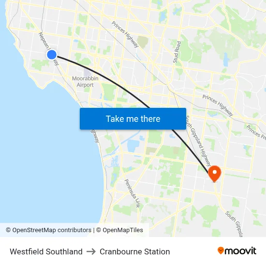 Westfield Southland to Cranbourne Station map