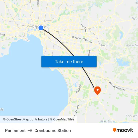 Parliament to Cranbourne Station map