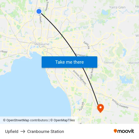 Upfield to Cranbourne Station map