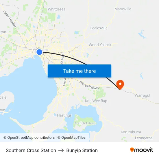 Southern Cross Station to Bunyip Station map