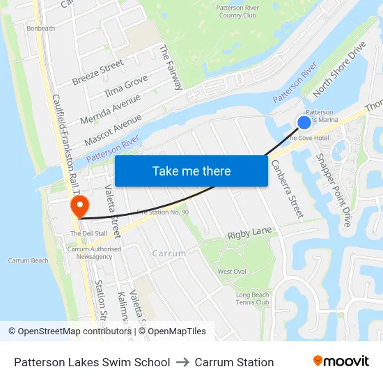 Patterson Lakes Swim School to Carrum Station map