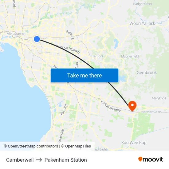 Camberwell to Pakenham Station map