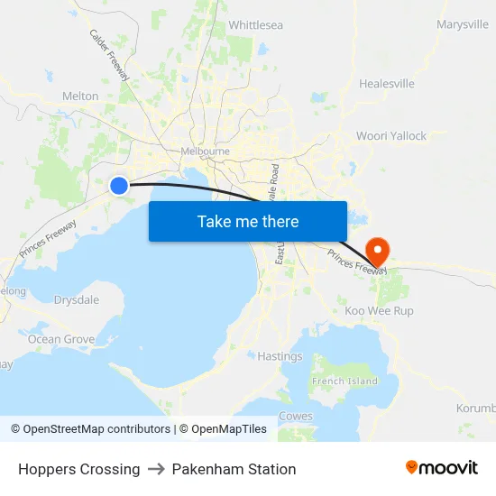 Hoppers Crossing to Pakenham Station map