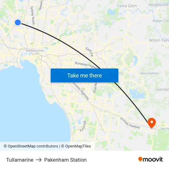 Tullamarine to Pakenham Station map
