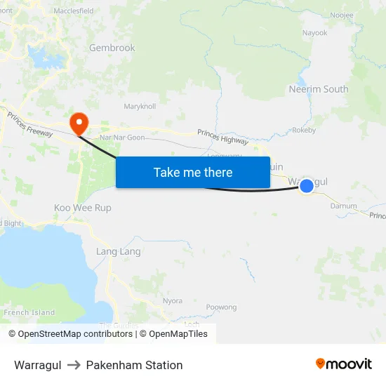 Warragul to Pakenham Station map