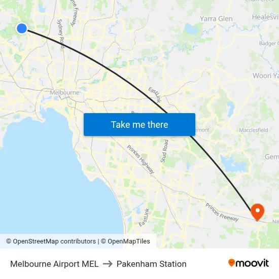 Melbourne Airport MEL to Pakenham Station map