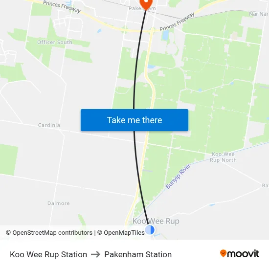 Koo Wee Rup Station to Pakenham Station map