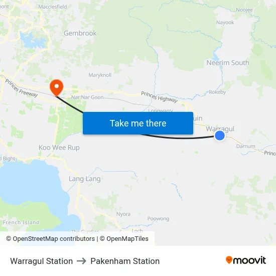 Warragul Station to Pakenham Station map