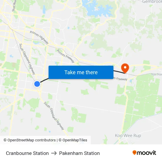Cranbourne Station to Pakenham Station map