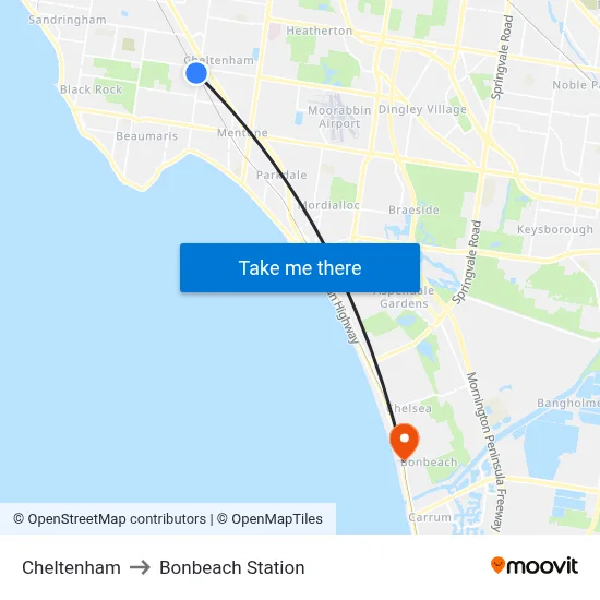 Cheltenham to Bonbeach Station map