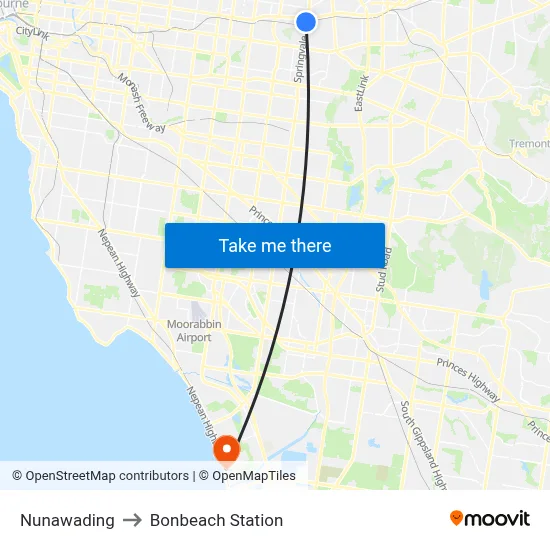 Nunawading to Bonbeach Station map