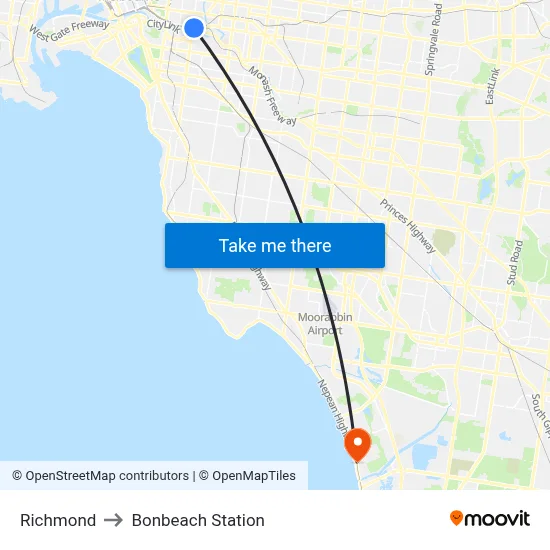 Richmond to Bonbeach Station map