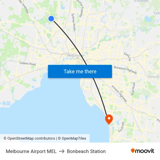 Melbourne Airport MEL to Bonbeach Station map
