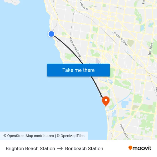 Brighton Beach Station to Bonbeach Station map