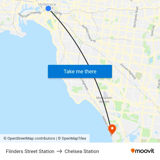 Flinders Street Station to Chelsea Station map