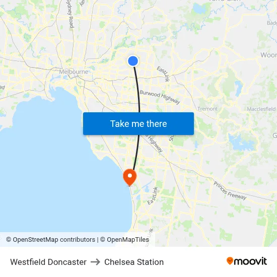 Westfield Doncaster to Chelsea Station map