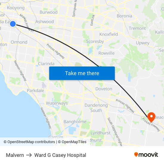 Malvern to Ward G Casey Hospital map