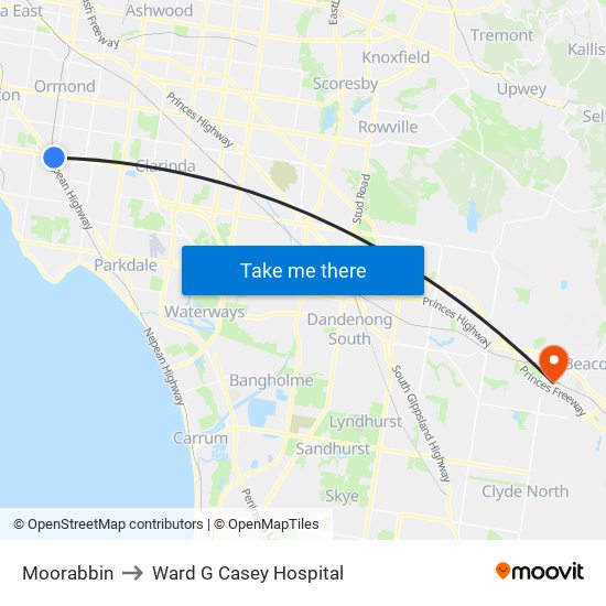 Moorabbin to Ward G Casey Hospital map