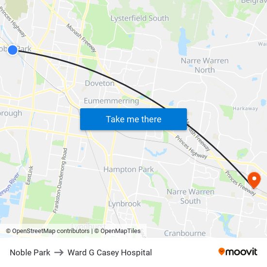 Noble Park to Ward G Casey Hospital map