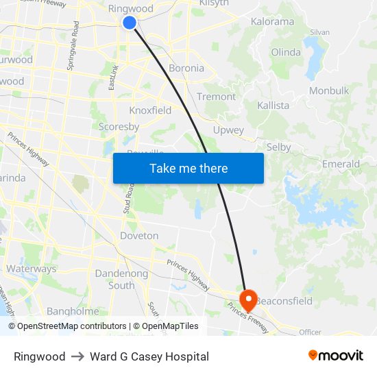 Ringwood to Ward G Casey Hospital map