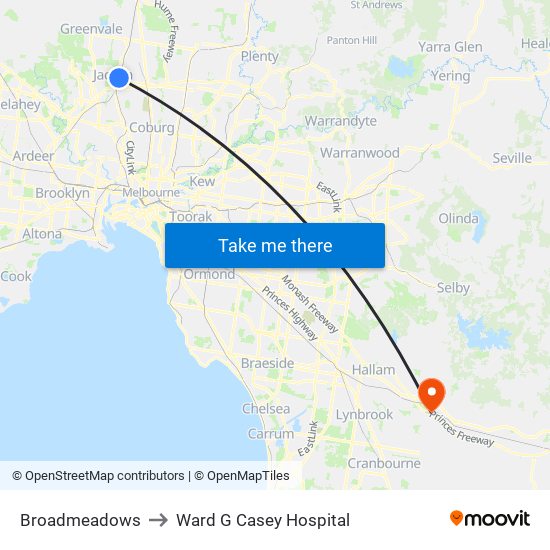 Broadmeadows to Ward G Casey Hospital map