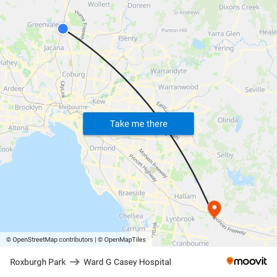 Roxburgh Park to Ward G Casey Hospital map