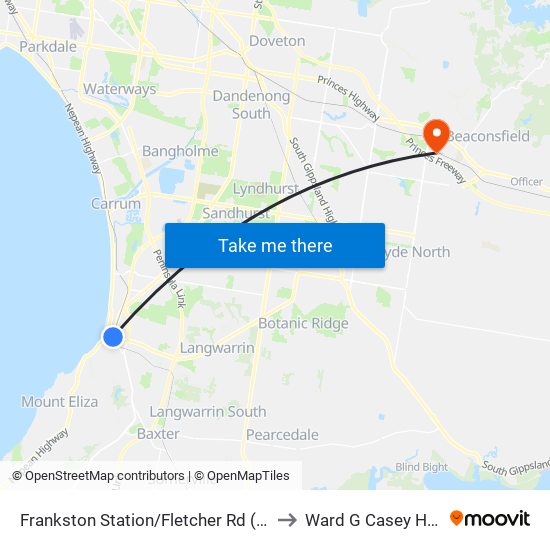 Frankston Station/Fletcher Rd (Frankston) to Ward G Casey Hospital map