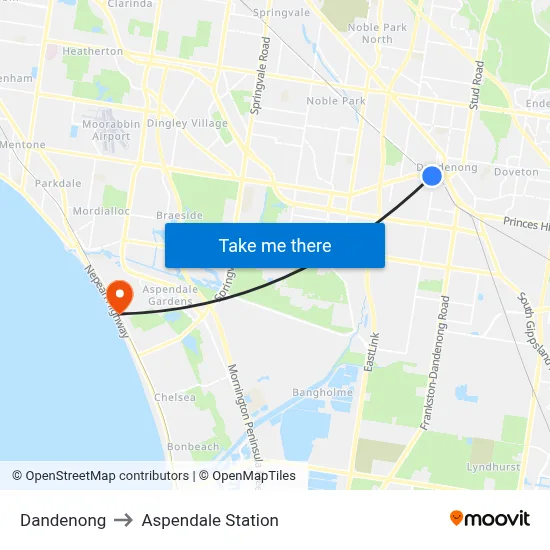 Dandenong to Aspendale Station map