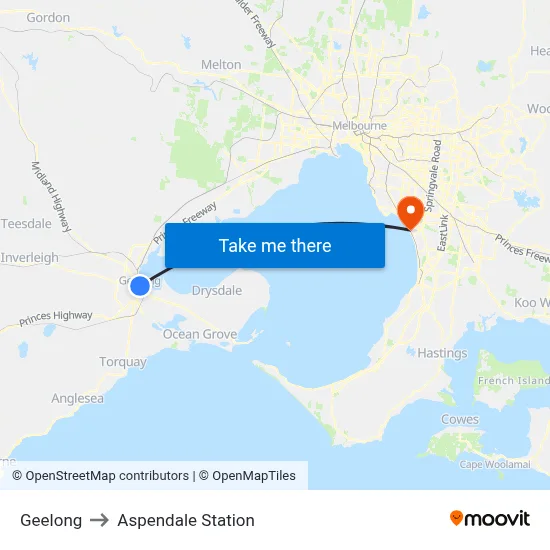 Geelong to Aspendale Station map