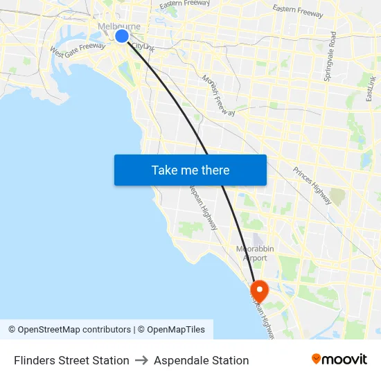 Flinders Street Station to Aspendale Station map