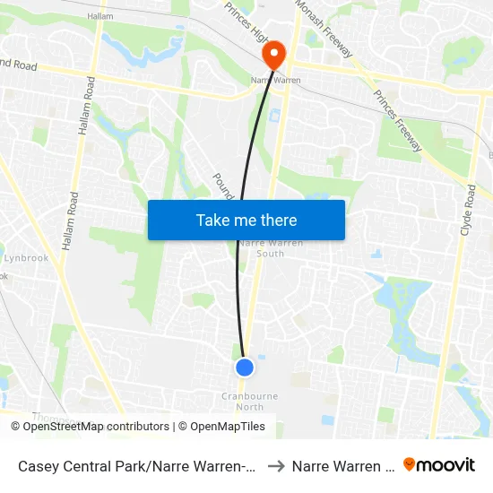 Casey Central Park/Narre Warren-Cranbourne Rd to Narre Warren Station map