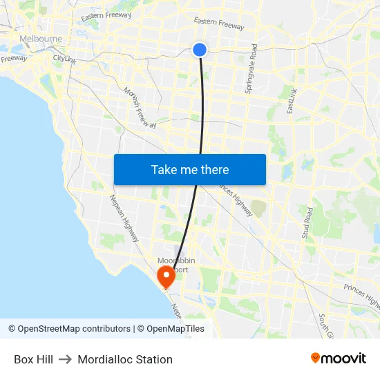 Box Hill to Mordialloc Station map