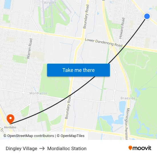Dingley Village to Mordialloc Station map