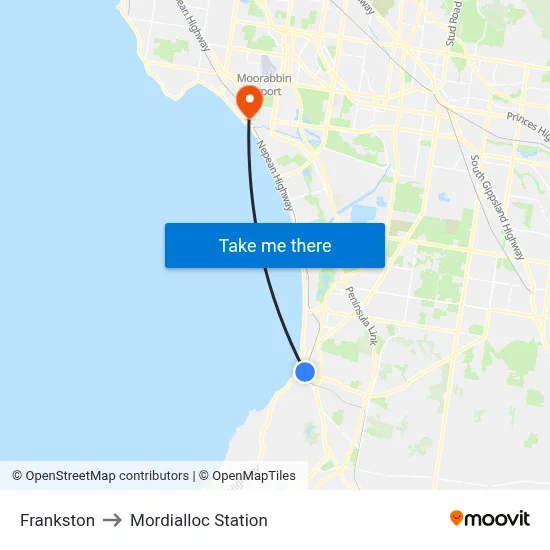 Frankston to Mordialloc Station map