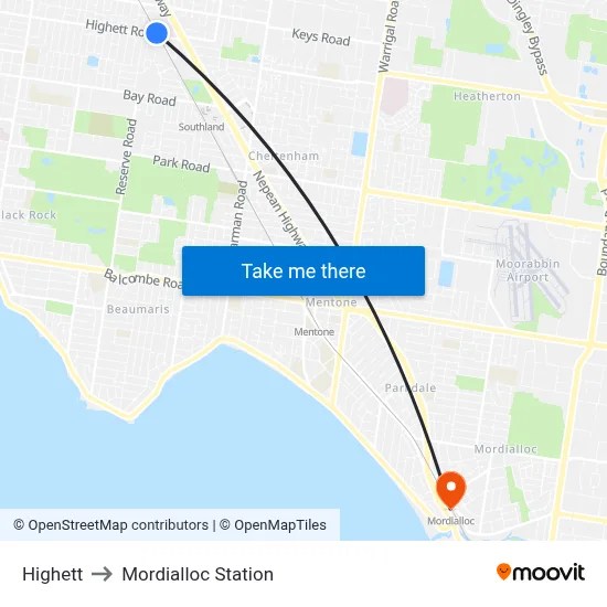 Highett to Mordialloc Station map
