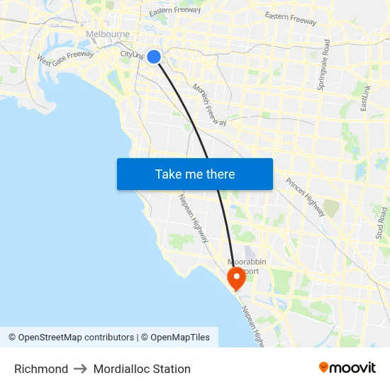 Richmond to Mordialloc Station map