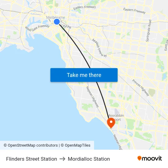 Flinders Street Station to Mordialloc Station map