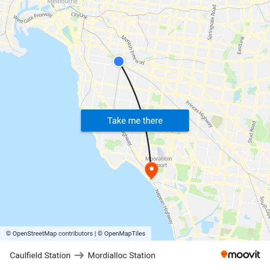 Caulfield Station to Mordialloc Station map