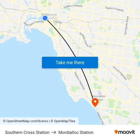 Southern Cross Station to Mordialloc Station map