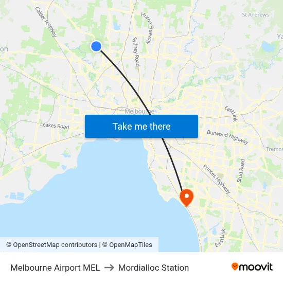 Melbourne Airport MEL to Mordialloc Station map
