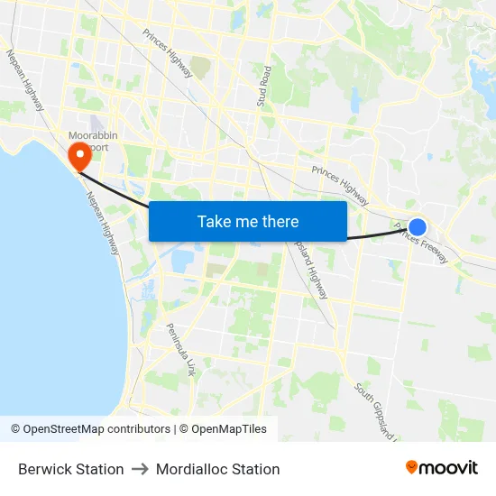 Berwick Station to Mordialloc Station map