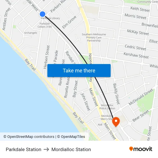 Parkdale Station to Mordialloc Station map