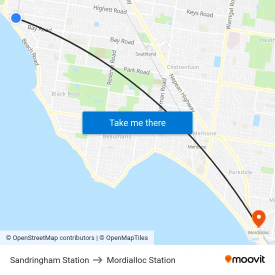 Sandringham Station to Mordialloc Station map